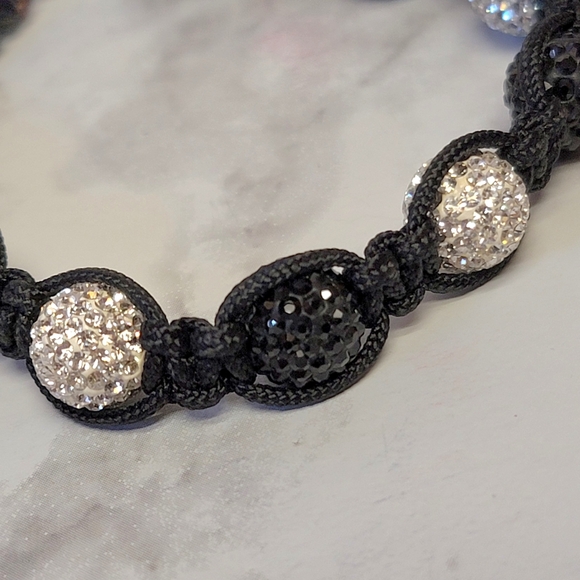 Black Rhinestone Shamballa Bracelet Pave Set Cord Sliding Knot Closure Boho Gift - Picture 2 of 3